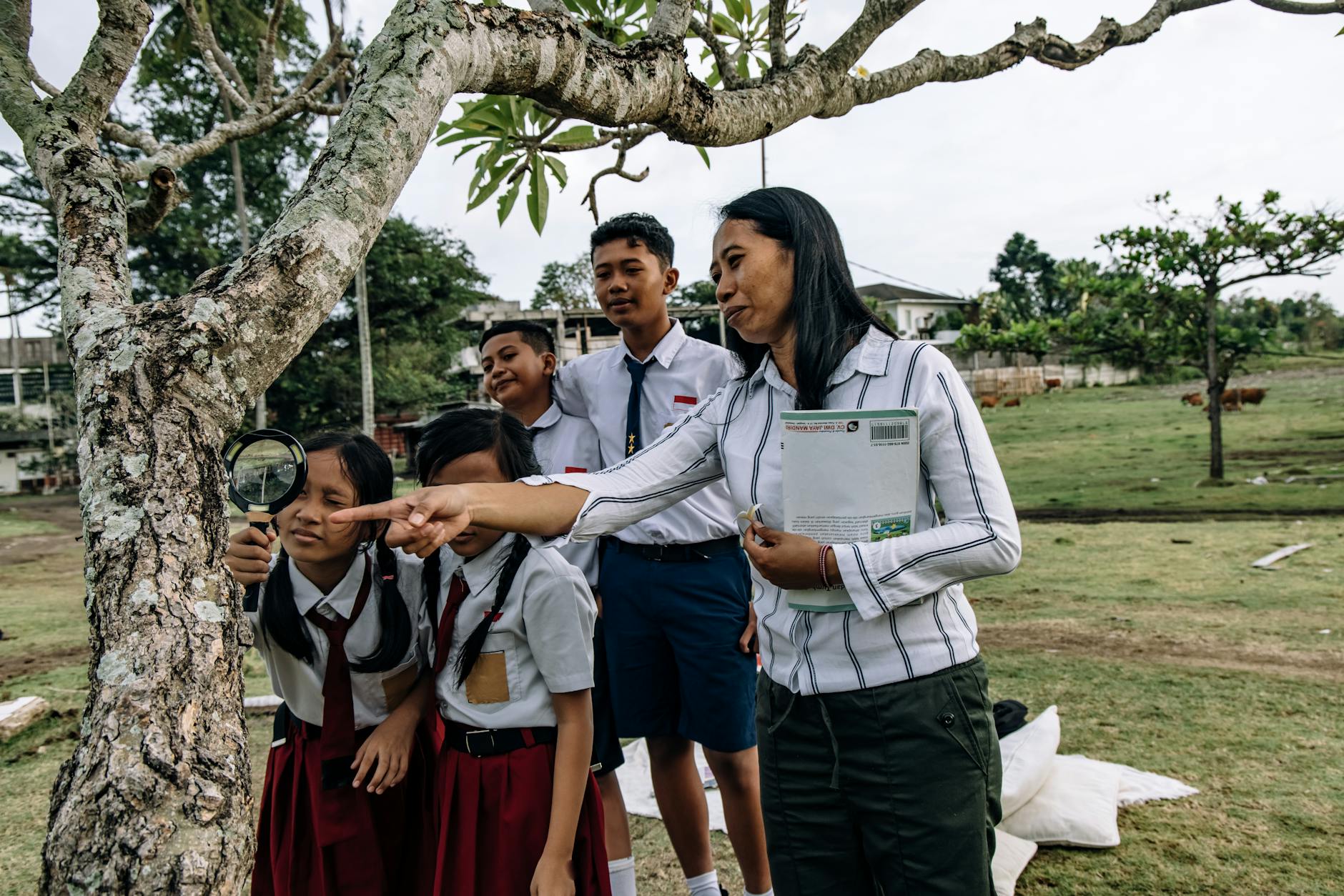 a group of students using a magnifying glass